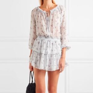 Popover floral-print tiered ruffled silk mini dress